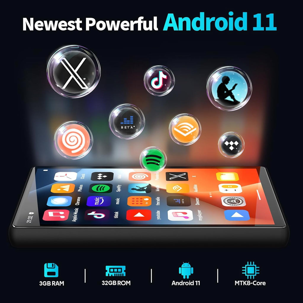 Newest 160GB MP3 Player with Bluetooth and WiFi Android 11 OS MP3 & MP4 Players with 5 Touchscreen and Speaker 3GB RAM & 32GB ROM 2500mAh Music Player with Spotify Audible Amazon Music Play Store
