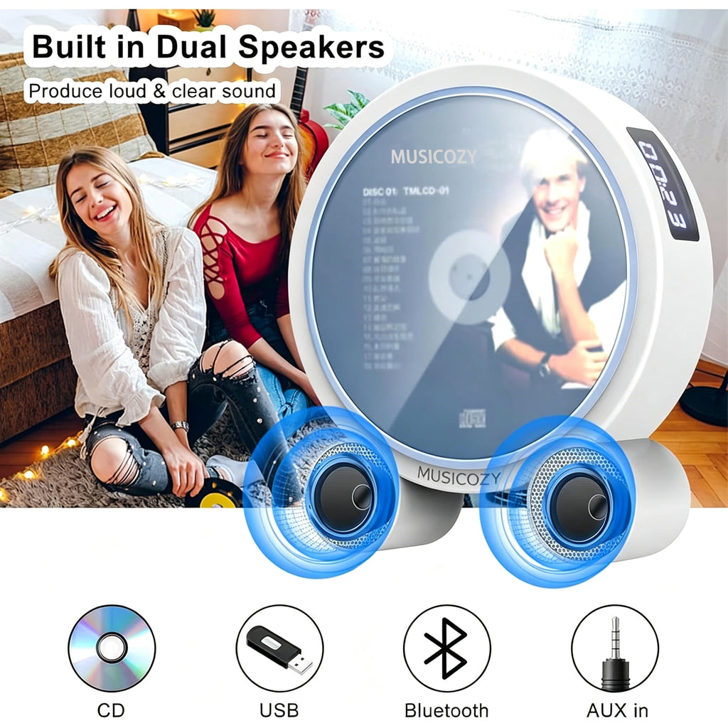 Portable Vertical CD Player with Bluetooth for Home with LCD Screen Wireless Audio CD Player with Remote Control Rechargeable Battery Built in HiFi Speakers Support Timed Music ON/Off FM USB SD