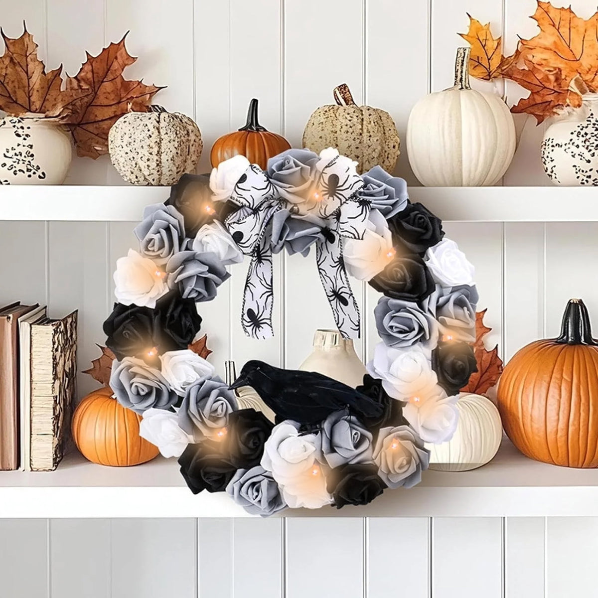 Halloween Decorative Wreath with Crow Roses Lights 13.7 Black White Flowers Gothic Garland for Wedding Creepy Decor Pendant Wreath for Front Door Porch Window Indoor Outdoor Home Halloween Decor