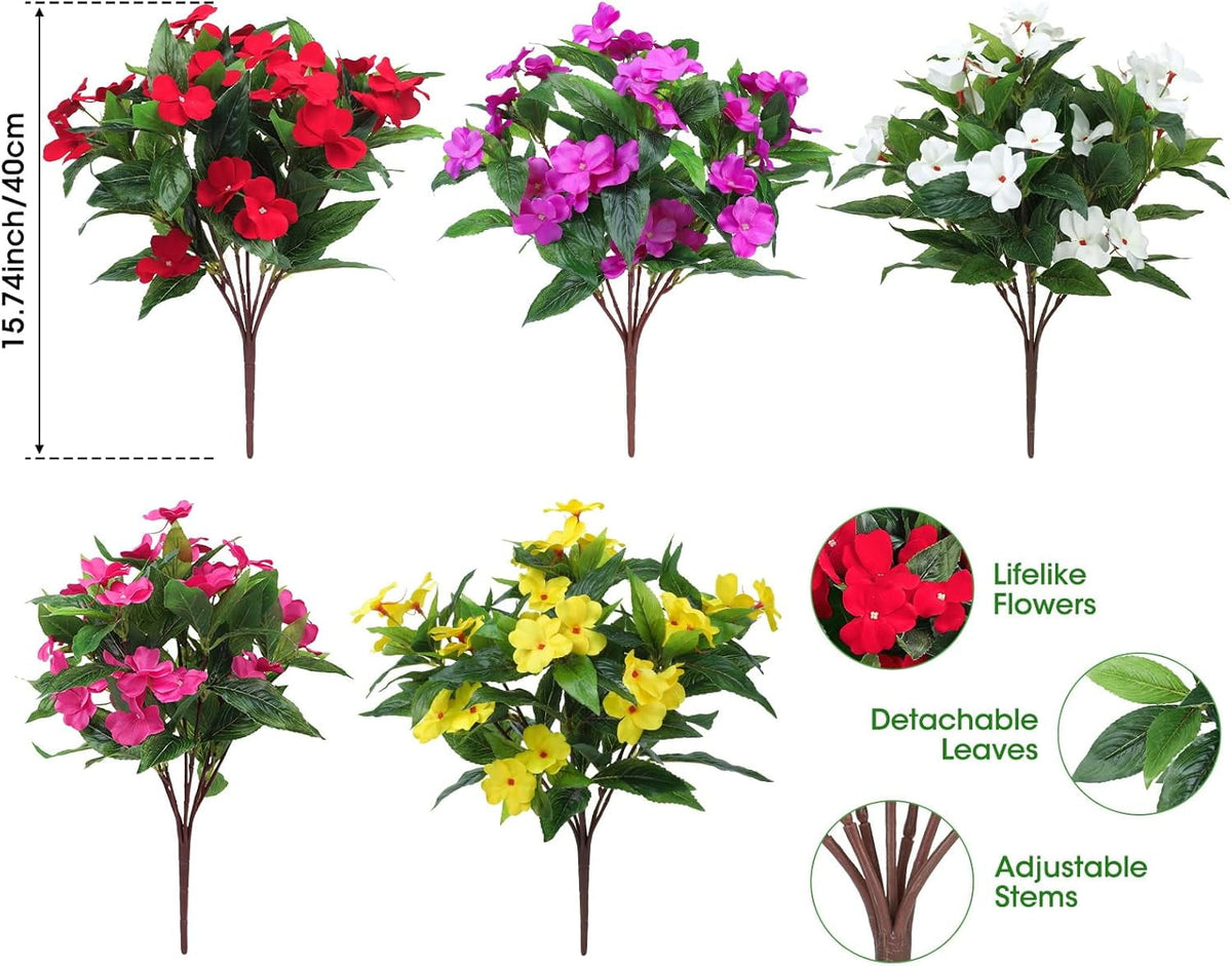 5 Pcs Artificial Flowers for Outdoors Silk Impatiens Flowers Bouquet Decorations Fake Faux Plants UV Resistant for Spring Summer Garden Porch Patio Window Box Balcony Planters Home Decor Multicolor
