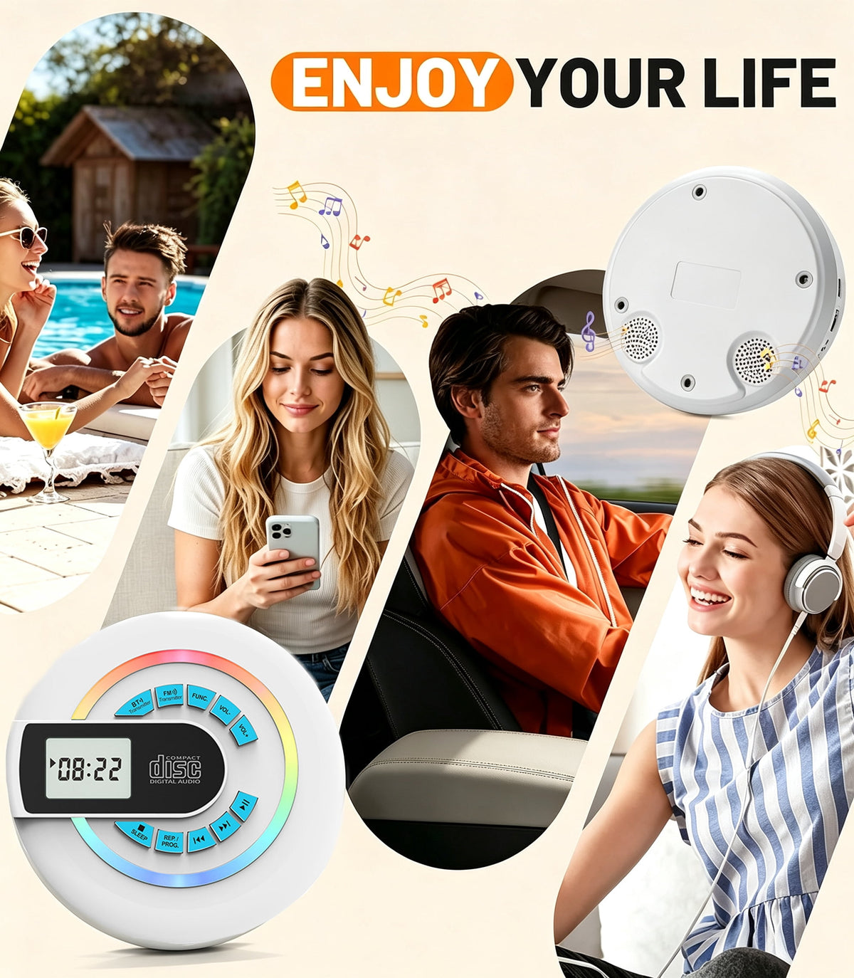 MUSICOZY Portable CD Player Bluetooth Personal CD Player with Built‑in Speakers Rechargeable Walkmans Support CD/MP3 Disc&USB Playback LCD Display Retro CD Player for Home Travel Car Student