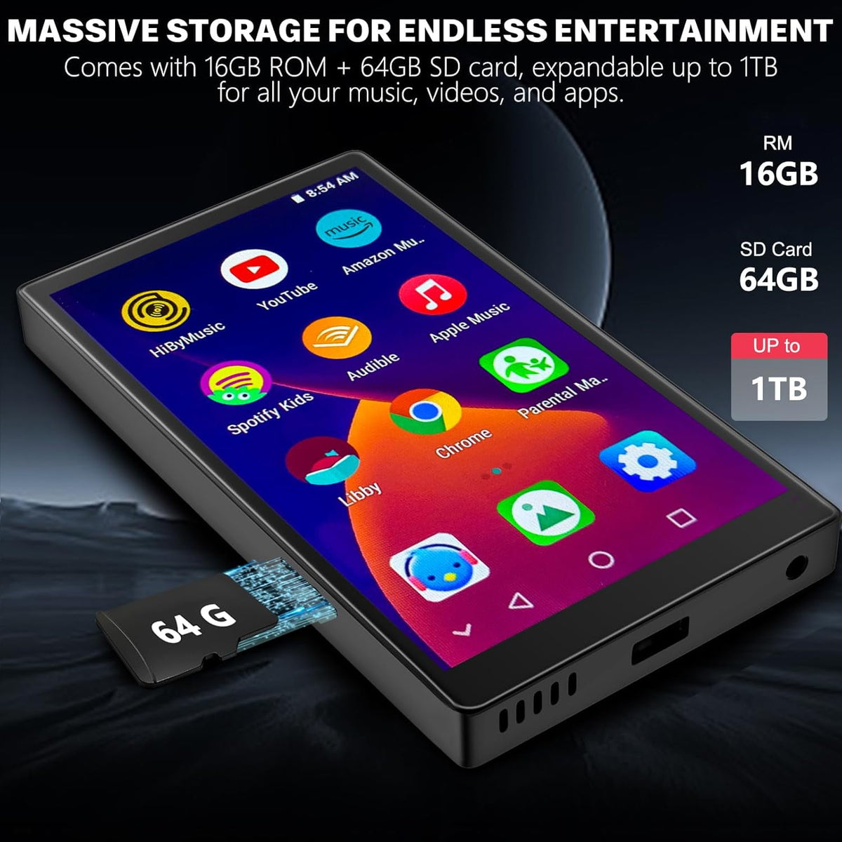 96GB MP3 Player with Bluetooth & WiFi 4.0 Touch Screen MP4 Player Music Player for Spotify Pandora Music Play Store FM Radio 3GB RAM Android Music Player for Parental Control Support Extended to 1TB