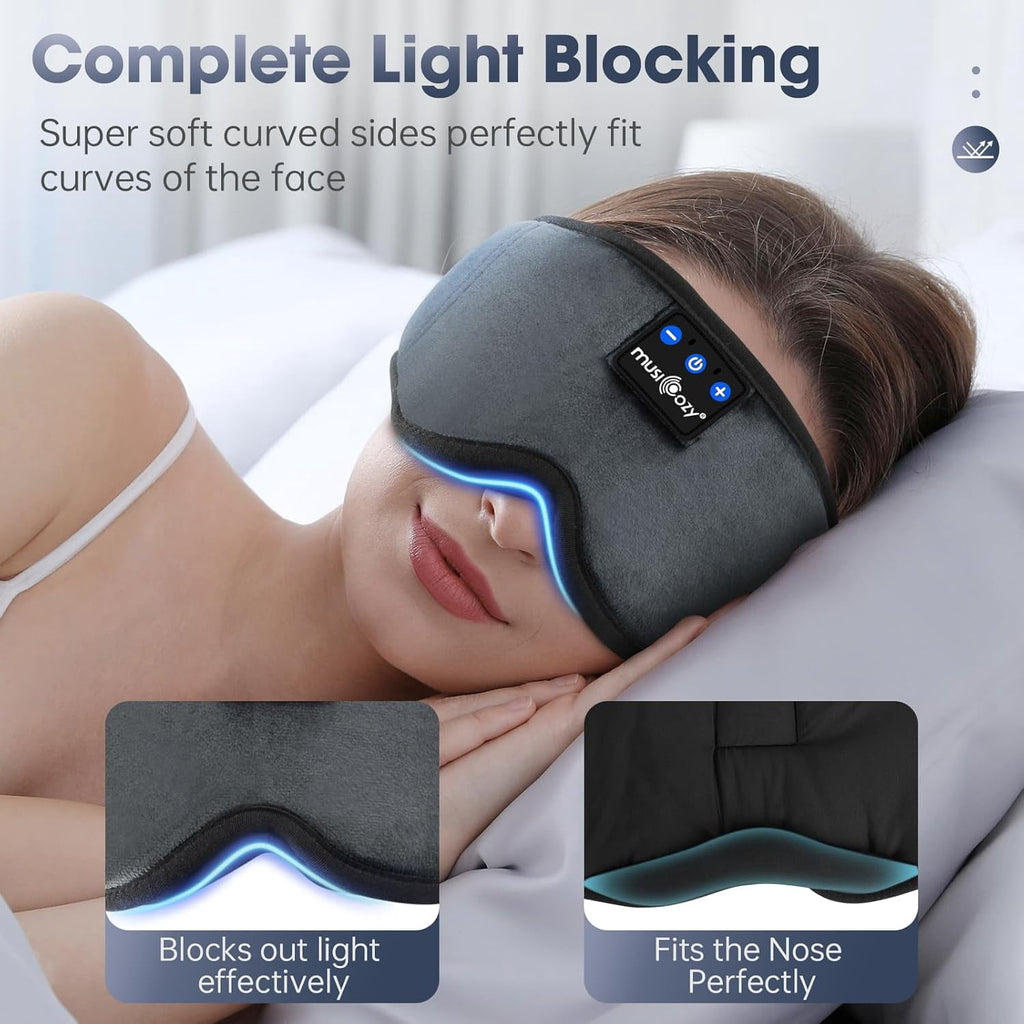 MUSICOZY Bluetooth Sleep Mask Headphones 100% Blockout Sleep Headphones with Bluetooth 5.4 16H Play Soft Eye Mask with Headphone for Sleeping Travel Nap & Side Sleepers Gift for Men/Women