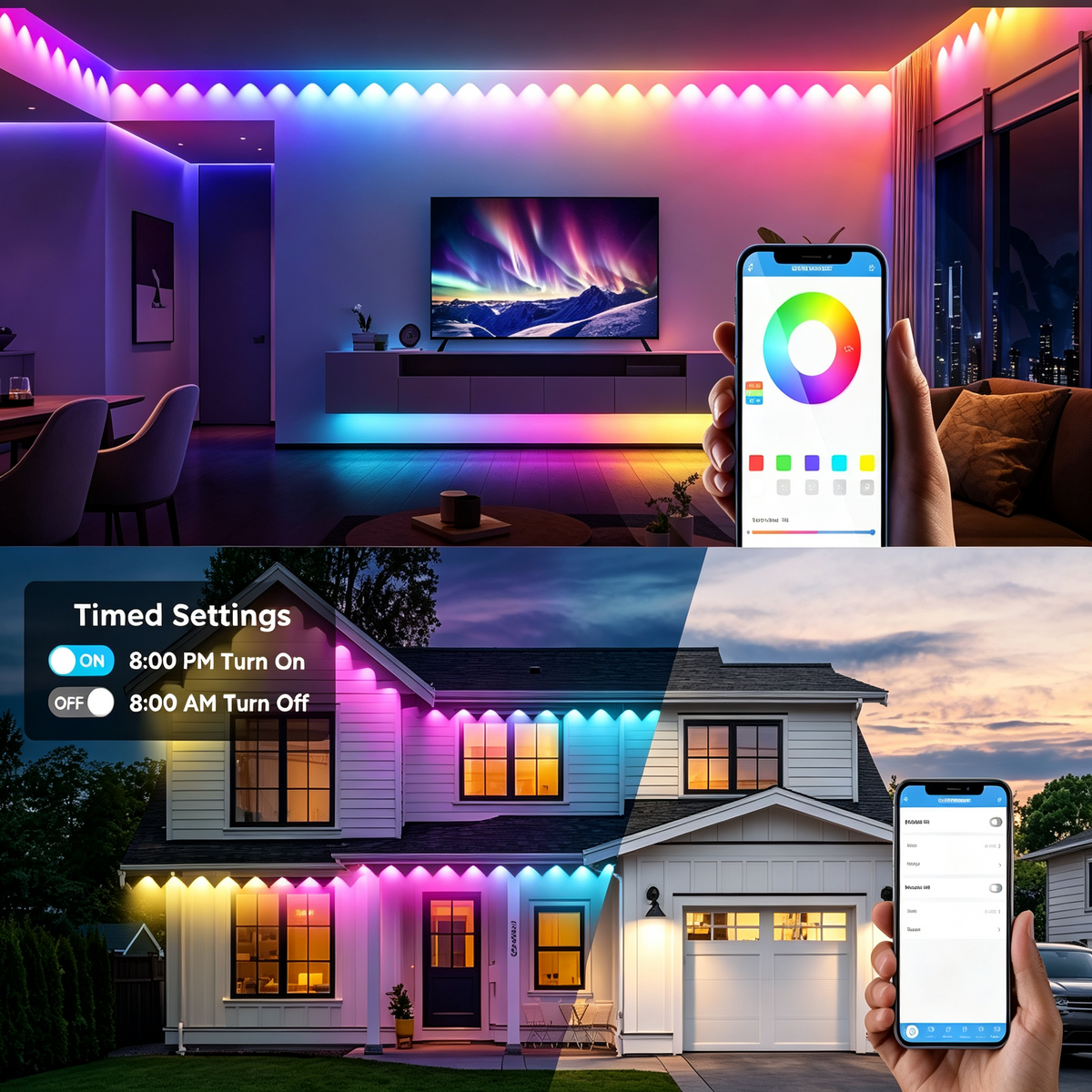 Permanent Outdoor Lights 148ft Smart RGBW Outdoor Eaves String Light with 54 LED Lights 16 Million Colors APP/Remote Control IP67 Waterproof Roof Lights for Holiday Halloween Christmas Party Decor