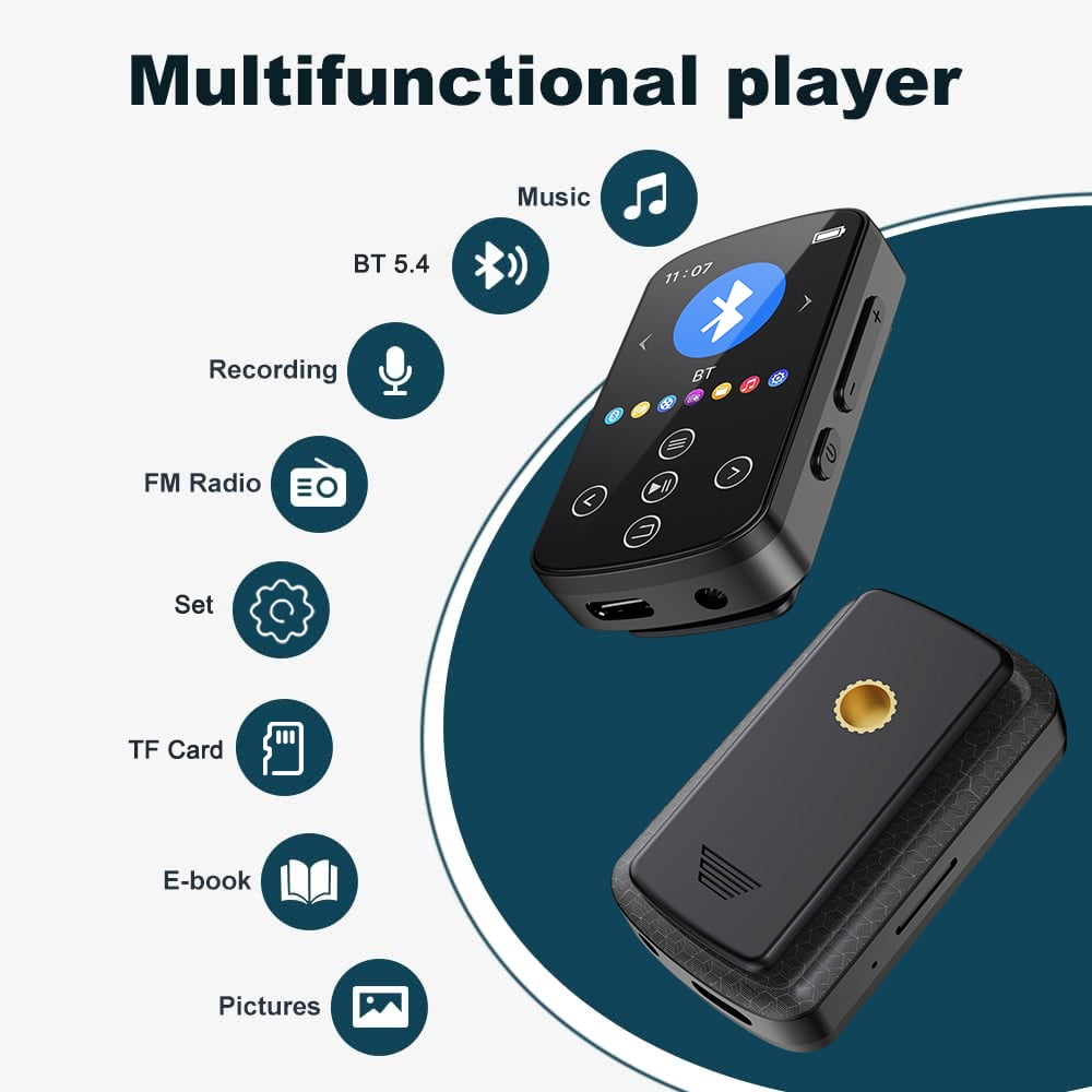 MP3 Player Bluetooth 5.4 MP4 Music Player with 64GB SD Card Portable HIFI Sports Music Player with Clip Touch Screen Button Voice Recorder FM Radio E-Book Support up to 128GB for Running Walking