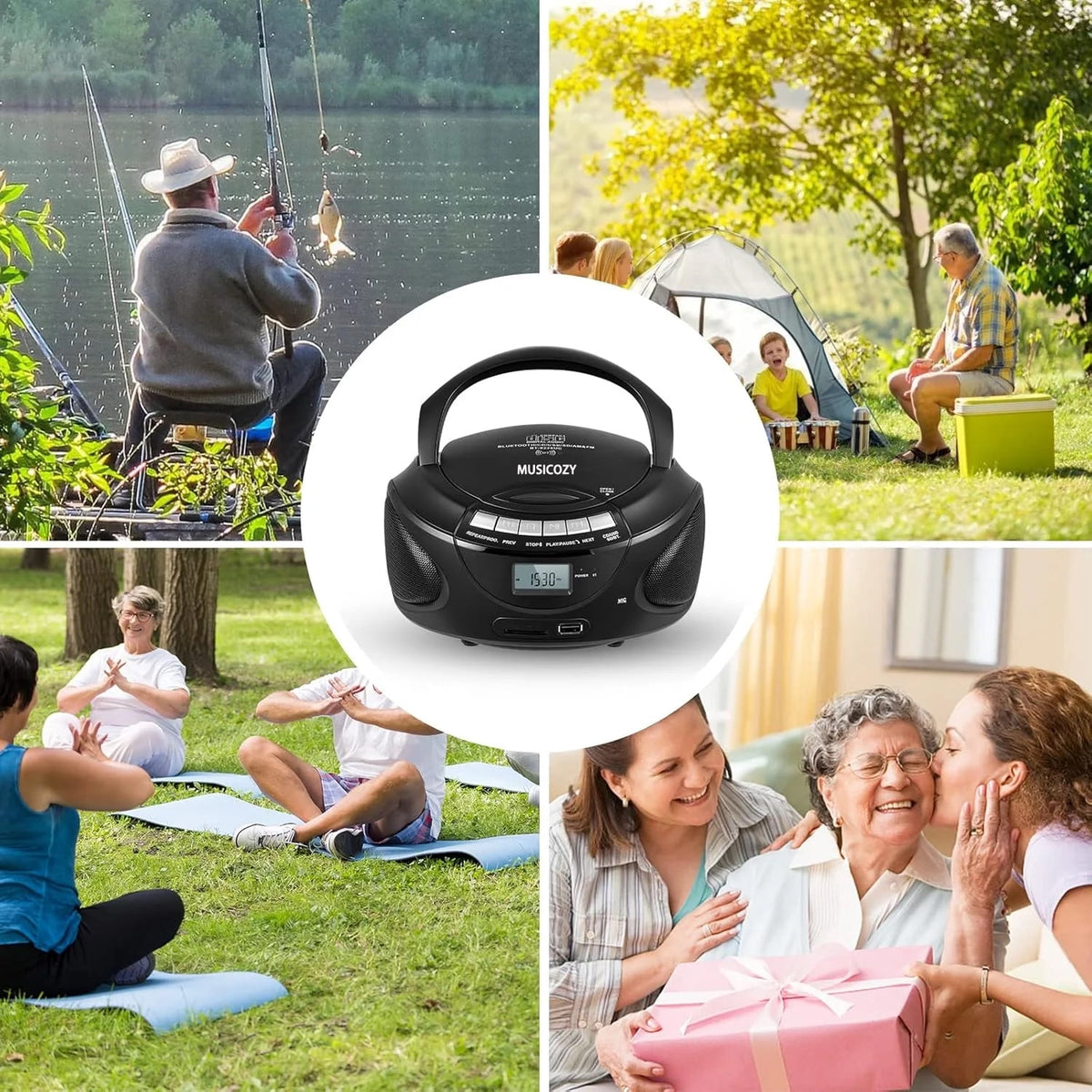 Portable CD Player Boombox with AM/FM Stereo Radio Bluetooth Speaker Players Support CD/USB/SD/BT/AUX Clear and Full Sound with Bass Boost LCD Display Headphone Jack AC/Battery Gift for Elderly
