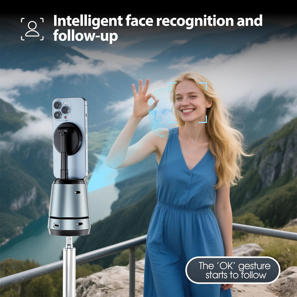 Auto Face Tracking Tripod Magnetic Fast Charger AI Smarts 360° Rotating Cell Phone Photo Video Tracking Gimbal No App Gesture Control Rechargeable Smart Shooting Stand for Live Video Recording Tiktok