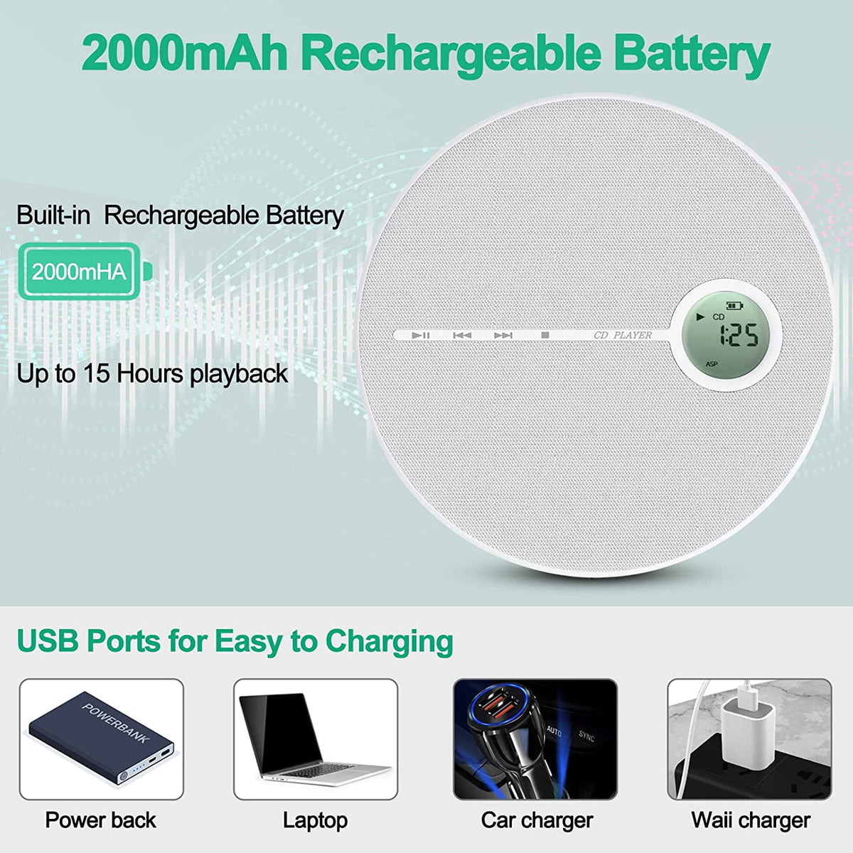 MUSICOZY Portable CD Player with Bluetooth Fabric Anti-Skip CD Player with Headphones & Dual Stereo Speakers Rechargeable A-B Repeat Player CD Speaker for Home/Travel Support CD MP3 USB AUX Input