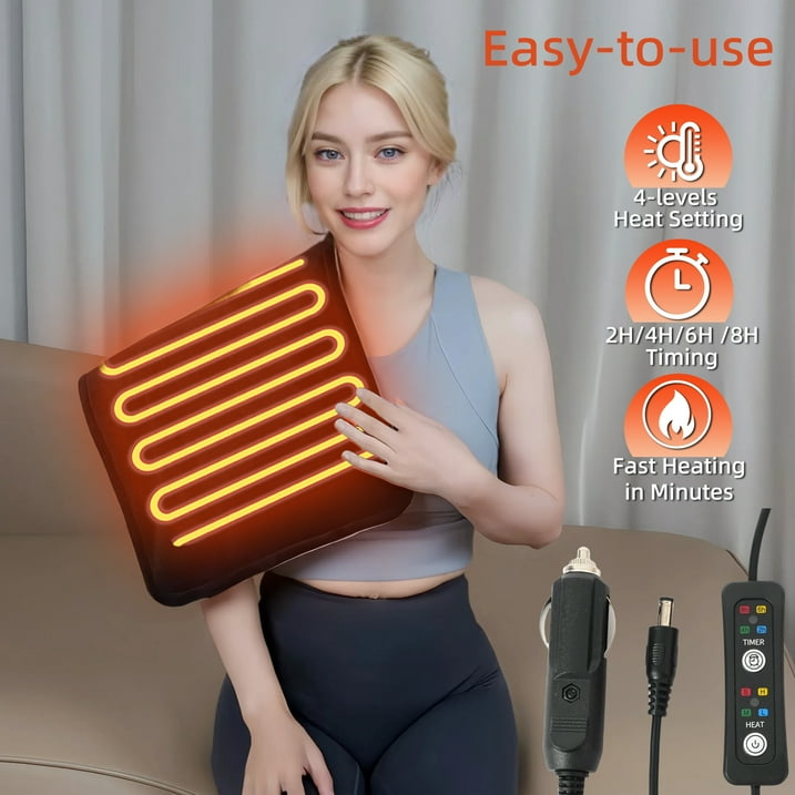 Car Heated Blanket for Back Pain Relief, 12V Car Electric Blanket with 4 Heat Setting,8 Auto-Off, AB-Sided Portable Mini Travel Heated Blanket for Women and Men, Christmas Gifts for Elderly People