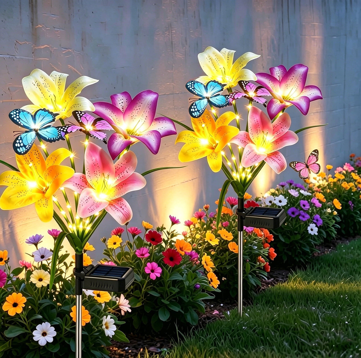 2 Pack Solar Garden Flower Lights Outdoor 8 Waterproof Solar Lilies with Butterflies Christmas Decorative Lights Outside Decor Stake Light for Landscape Yard Patio Lawn Gift for Women Mom Grandma