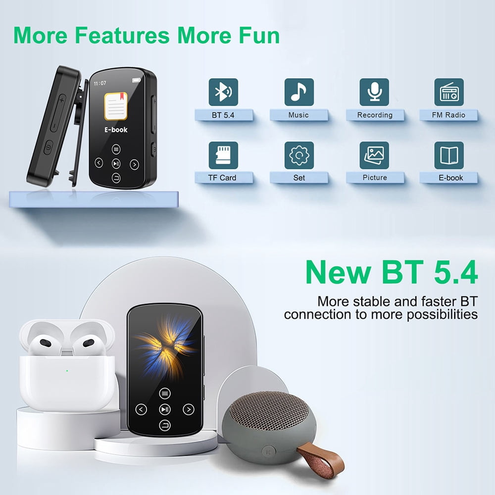 MP3 Player Bluetooth 5.4 MP4 Music Player with 64GB SD Card Portable HIFI Sports Music Player with Clip Touch Screen Button Voice Recorder FM Radio E-Book Support up to 128GB for Running Walking