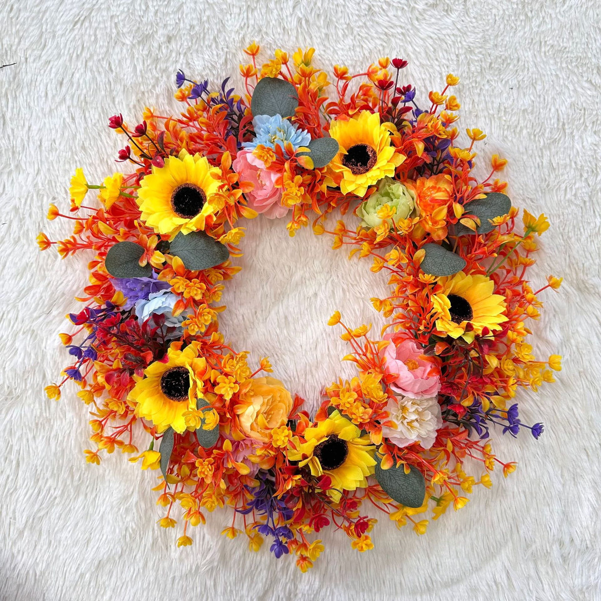 Fall Wreath Thanksgiving Decorations-18inch Fall Wreath with Sunflower Maple Leaf for Front Door - Autumn Wreath Artificial Wreaths with Flower for Thanksgiving Halloween Harvest Festival Home Decor