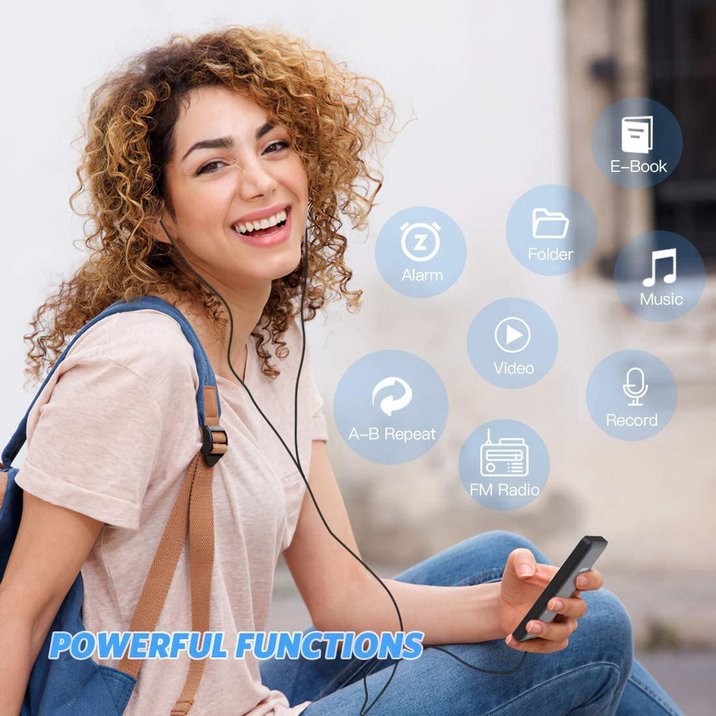 MP3 Player Music Player with 32GB Micro SD Card Earphone Build-in Speaker/Photo/Video Play/FM Radio/Voice Recorder/E-Book Reader Supports up to 128GB for Kids Running Walking