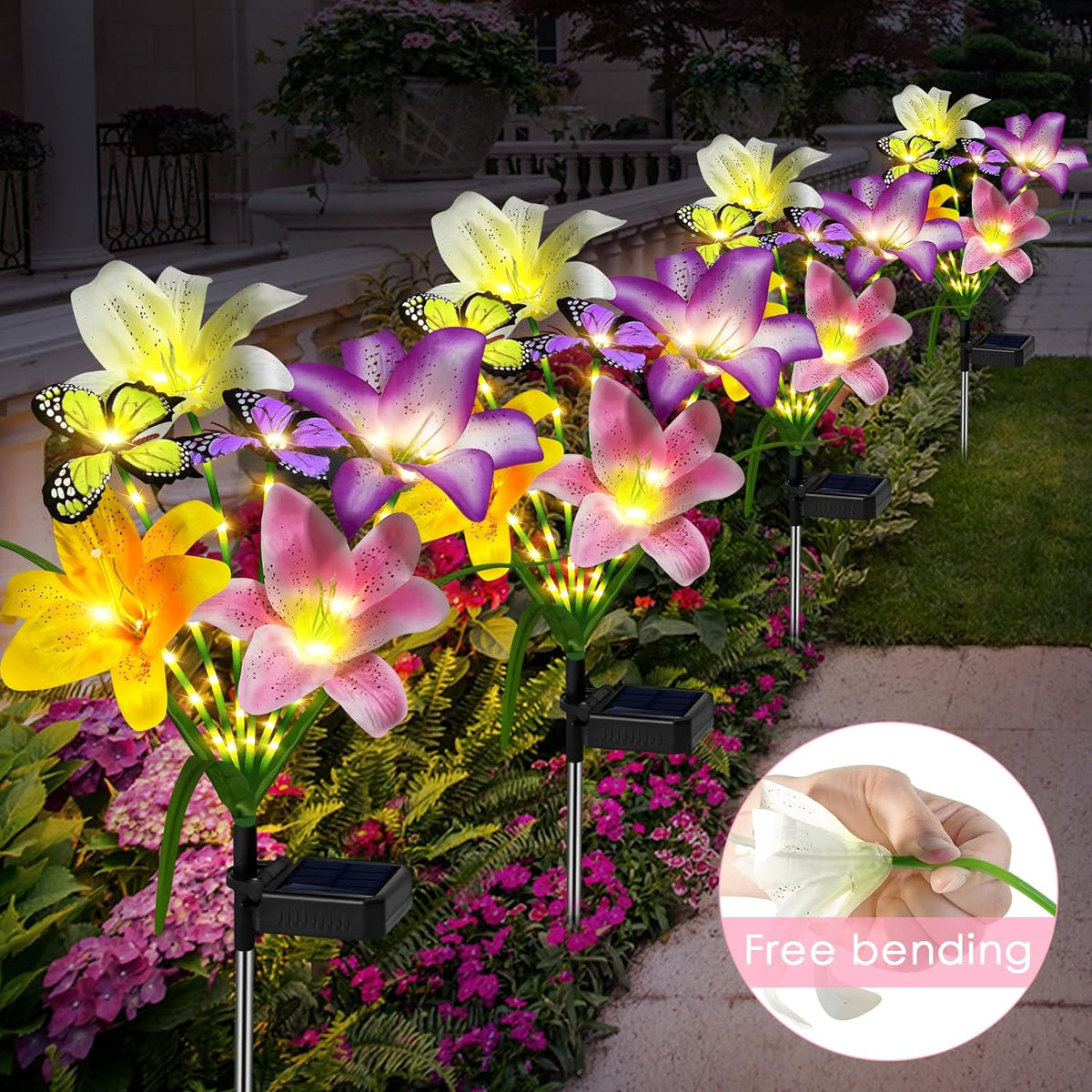 2 Pack Solar Garden Flower Lights Outdoor 8 Waterproof Solar Lilies with Butterflies Christmas Decorative Lights Outside Decor Stake Light for Landscape Yard Patio Lawn Gift for Women Mom Grandma