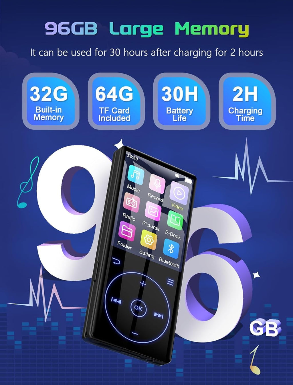 128GB MP3 Player with Bluetooth 5.0: Portable Lossless Sound Music Player with HD Speaker 2.4 Screen Voice Recorder FM Radio Touch Buttons 64G Storage+Support up to 64GB for Running Walking