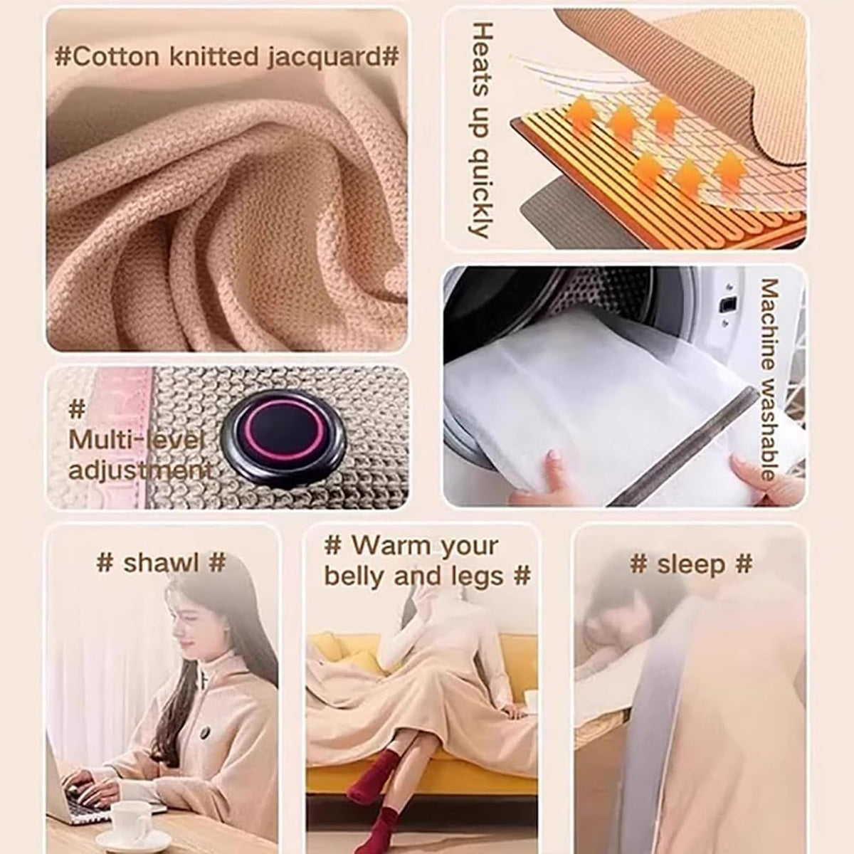 Heated Shawl Wrap Portable Electric Heated Shawl Fast Heating USB Blanket Shawl with 3 Heating Levels Soft Zipper Hooded Blanket Shawls for Women Men Home Outdoor Office Use Gifts (No power bank)