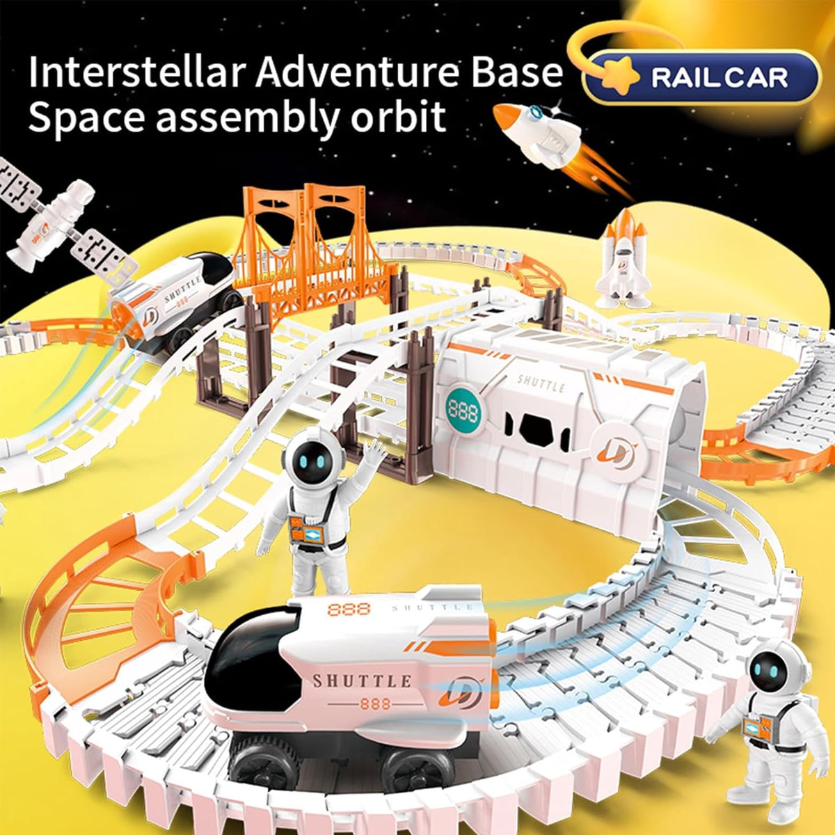 Space Train Track Set Toys for Girls & Boys-128 Piece Set DIY Assembled Track Battery Powered Spacecraft Satellite Astronaut Birthday Toys Suitable for Kids Over 3 Years Old Halloween Christmas Gifts