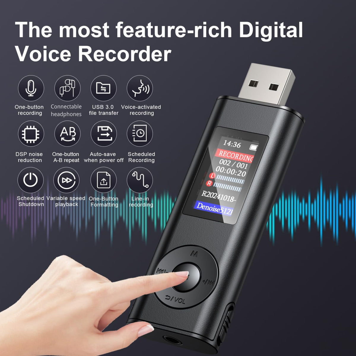 MUSICOZY Digital Voice Recorder 64GB USB Voice Activated Audio Recorder Small and Portable Voice Recorders with Playback Digital Voice Recorder for Meetings/Interviews/Classroom Support to 256GB