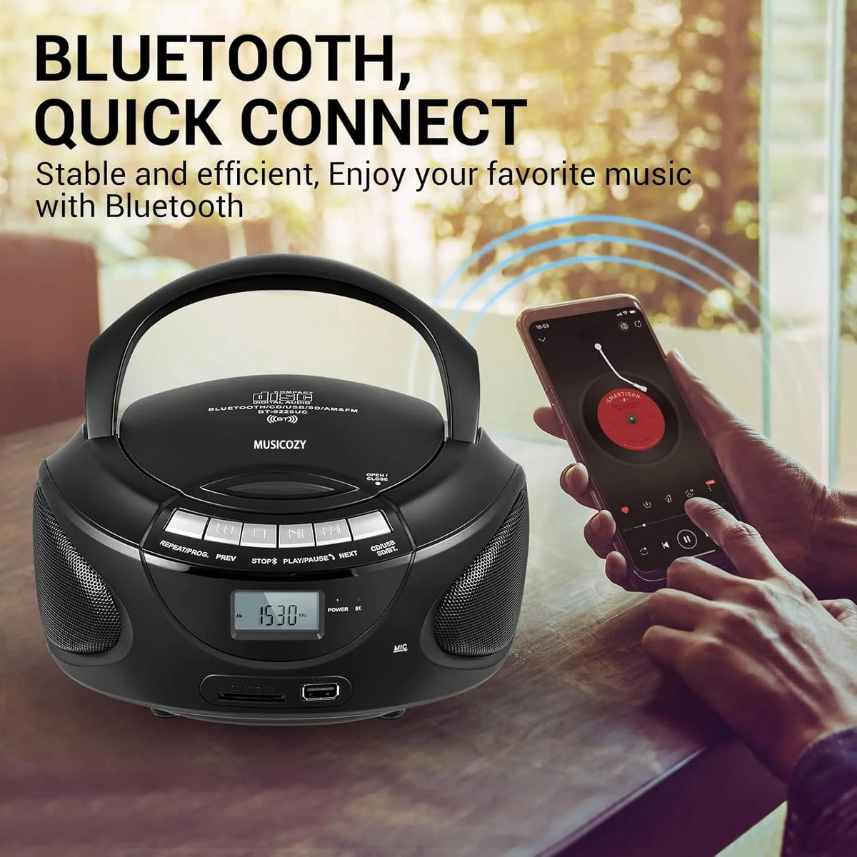 Portable CD Player Boombox with AM/FM Stereo Radio Bluetooth Speaker Players Support CD/USB/SD/BT/AUX Clear and Full Sound with Bass Boost LCD Display Headphone Jack AC/Battery Gift for Elderly