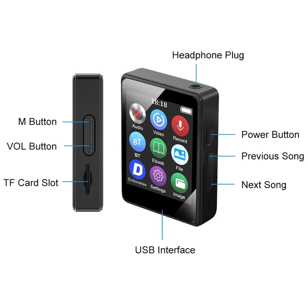 MP3 Player Mini Digital Walkmen Portable MP4 Bluetooth Stereo Speaker HiFi Music Player Multifunction Recording Alarm Clock Video Playback Photo Album Supports up to 128GB for Kids Running Walking