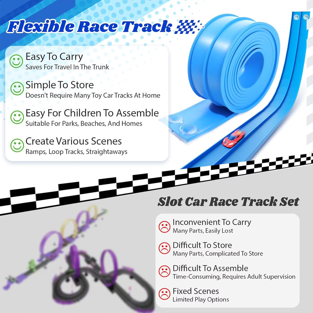 15 Ft Slot Car Race Track Sets, Flexible Race Tracks for Kids Ages 4-8 with 4 Toy Cars Suction Cups, Portable DIY Racetrack Compatible with Diecast 1/64th Cars, Ideal Gift for Kids Toys