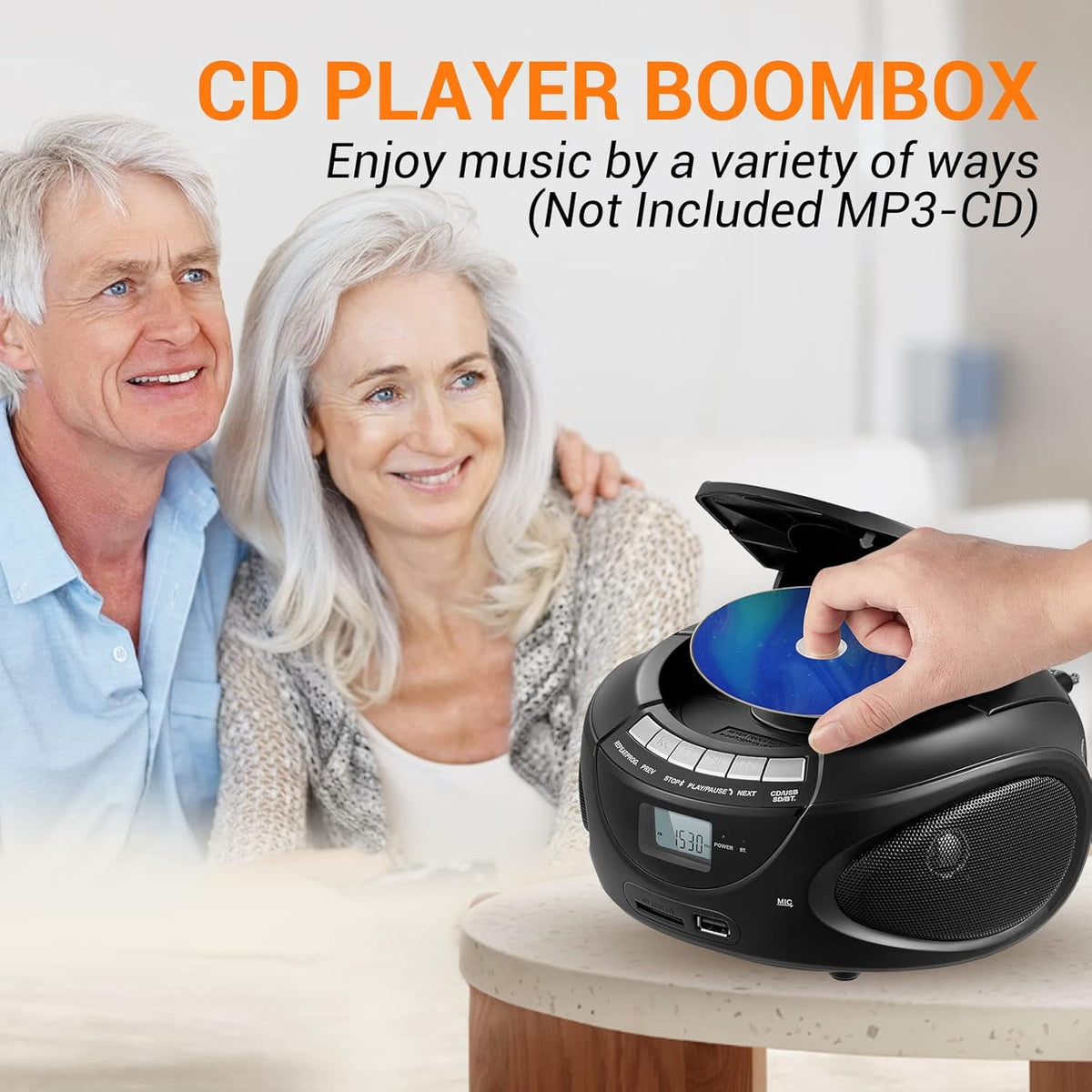 Portable CD Player Boombox with AM/FM Stereo Radio Bluetooth Speaker Players Support CD/USB/SD/BT/AUX Clear and Full Sound with Bass Boost LCD Display Headphone Jack AC/Battery Gift for Elderly