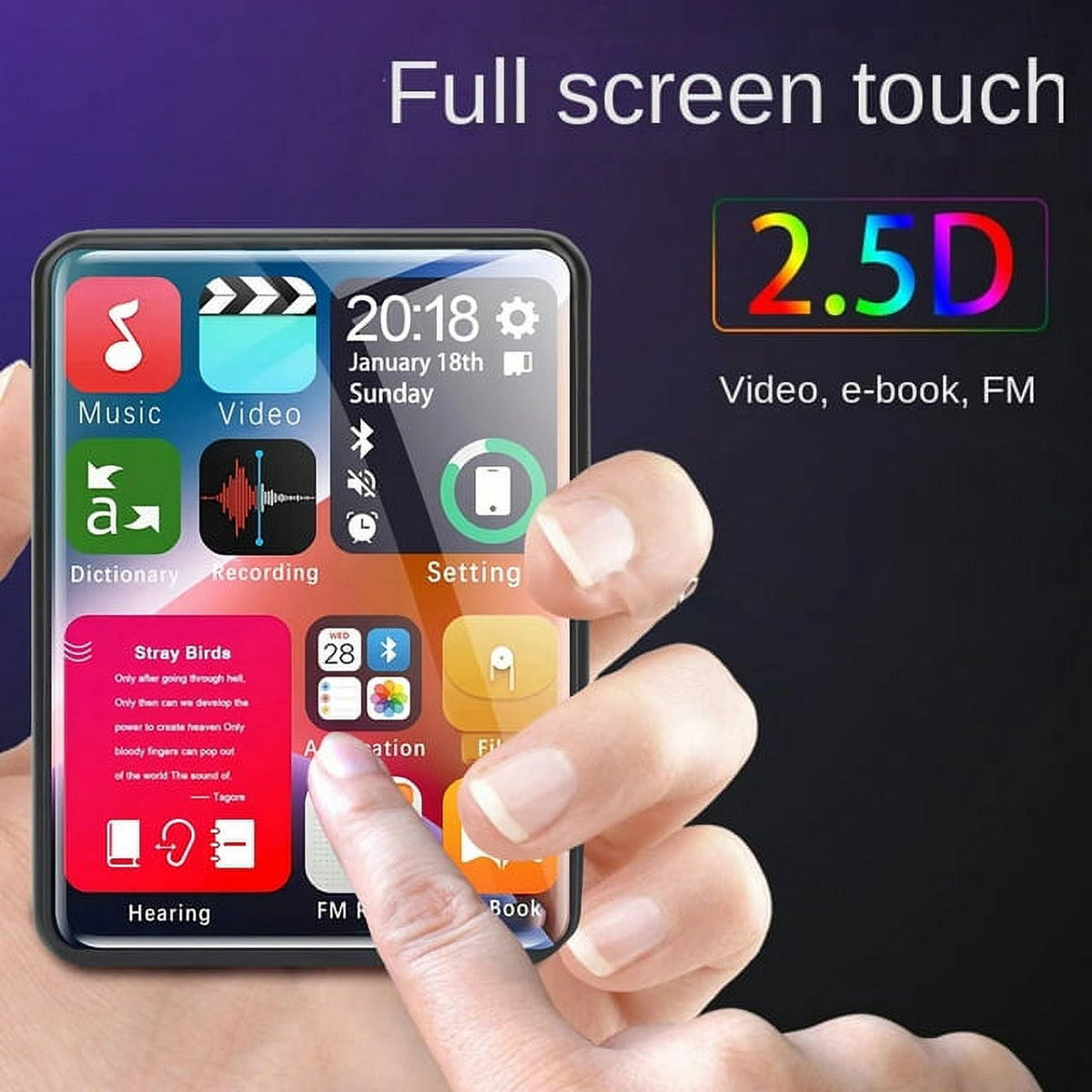 128GB Support MP3 Player 2.4 Inch Touch Screen Music Player Black Hifi Bluetooth Lossless Audio Recorder FM Radio Mp4 Video Player Ebook