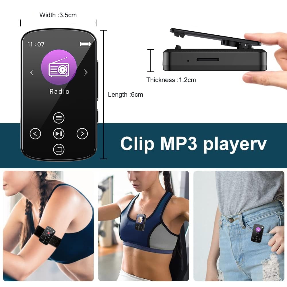 MP3 Player Bluetooth 5.4 MP4 Music Player with 32GB SD Card Portable HIFI Sports Music Player with Clip Touch Screen Button Voice Recorder FM Radio E-Book Support up to 128GB for Running Walking