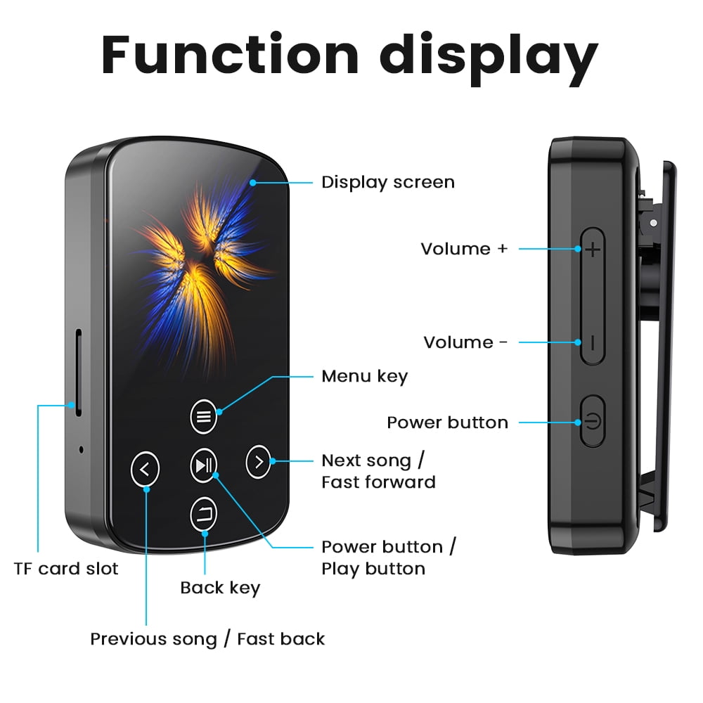 MP3 Player Bluetooth 5.4 MP4 Music Player with 64GB SD Card Portable HIFI Sports Music Player with Clip Touch Screen Button Voice Recorder FM Radio E-Book Support up to 128GB for Running Walking
