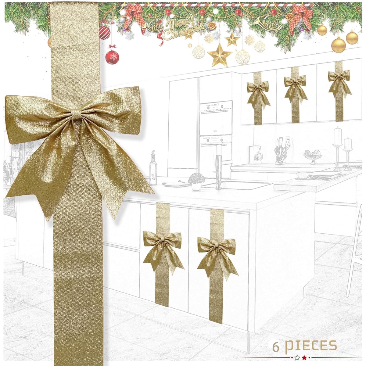 6 Pcs Large Christmas Cabinet Bows 8x40 Christmas Gold Ribbon Easy to Install on Cabinet Door Christmas Wreath Tree Bow Festival Decorations for Home Fireplace Door Holiday Party Wedding Supplies