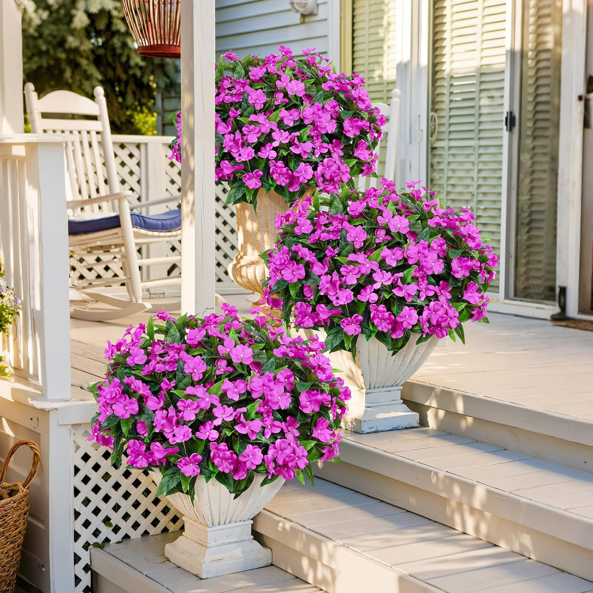 5 Pcs Artificial Flowers for Outdoors Silk Impatiens Flowers Bouquet Decorations Fake Faux Plants UV Resistant for Spring Summer Garden Porch Patio Window Box Balcony Planters Home Decor Purple
