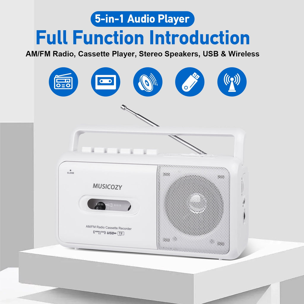 Portable Cassette Player with AM/FM Radio Bluetooth Casette Tape Player Recorder with Headphone Jack Cassette Boombox for Home and Travel Elderly Gift Audio to Cassette Converter AC/Battery Power