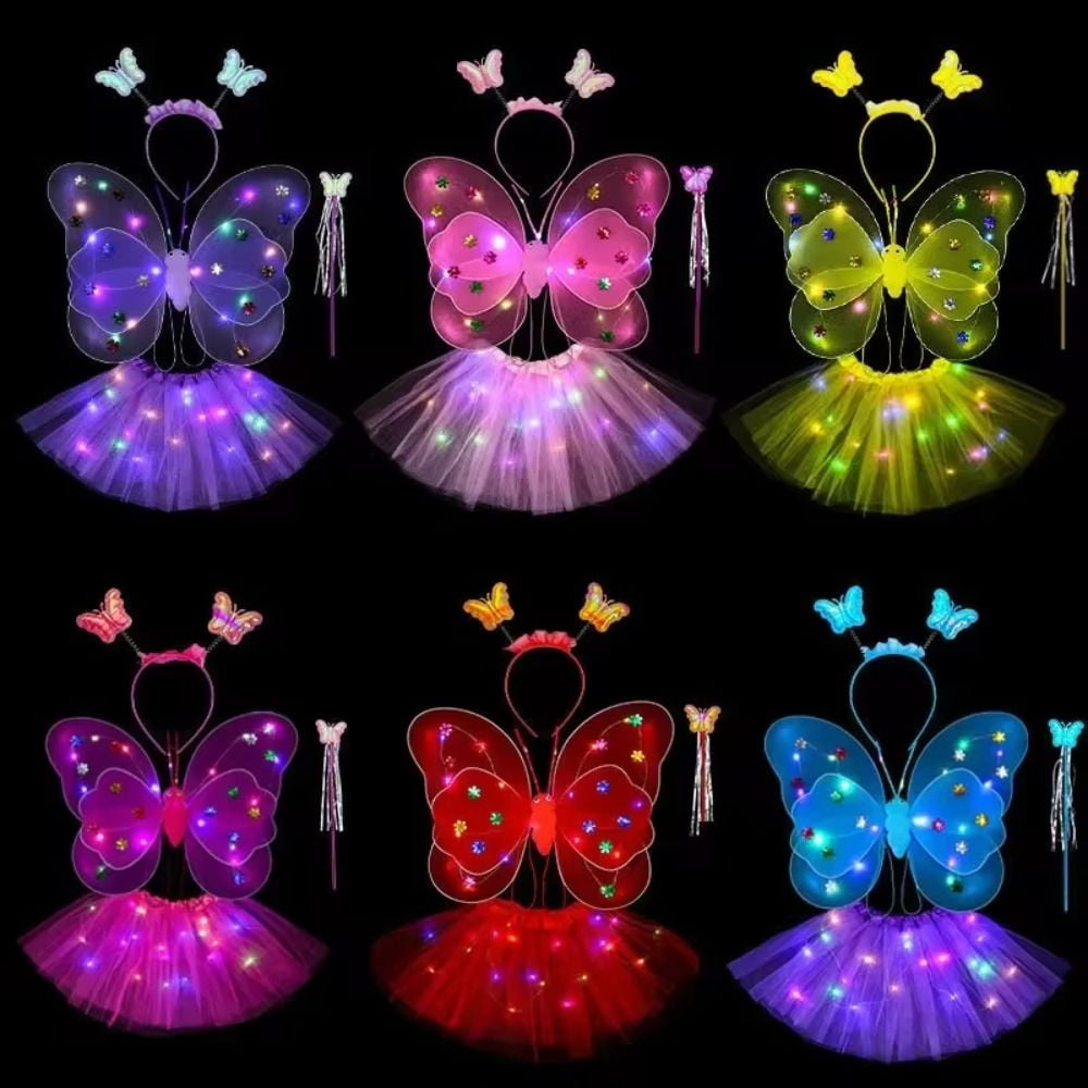 LED Children Costume Prop for Halloween Christmas Fairy Princess Kids Costume Sets Butterfly Wings Wand Headband Tutu Skirt New Year Gifts for 3 4 5 6 7 8 Years Old Girls Red with Light
