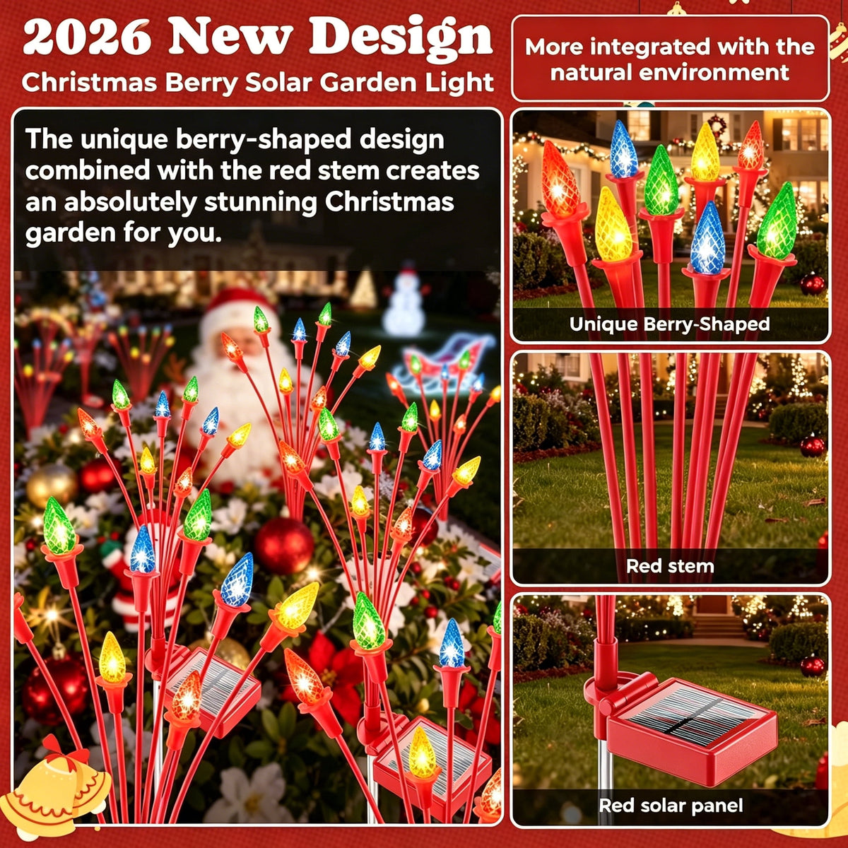 XEAZON 4 Pcs Christmas Berry Solar Garden Light Waterproof Outdoor Decor Stake Light Auto ON/Off Solar Multiple Color Lights Christmas Decorating Outdoor Yard Light for Holiday Pathway Pond Courtyard