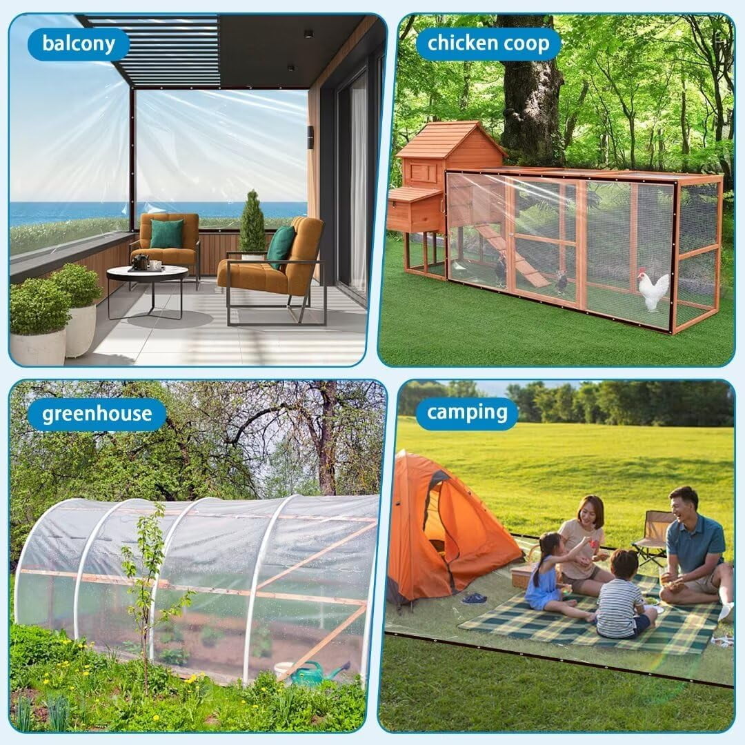 Clear Waterproof Tarps with Grommets 7x10FT with 1 Rolls Ropes Clear Vinyl Tarp Heavy Duty Anti Tear Outdoor Clear Plastic Tarp Clear PVC Covering for Patio Henhouse Porch Canopy Plant Garden Camping