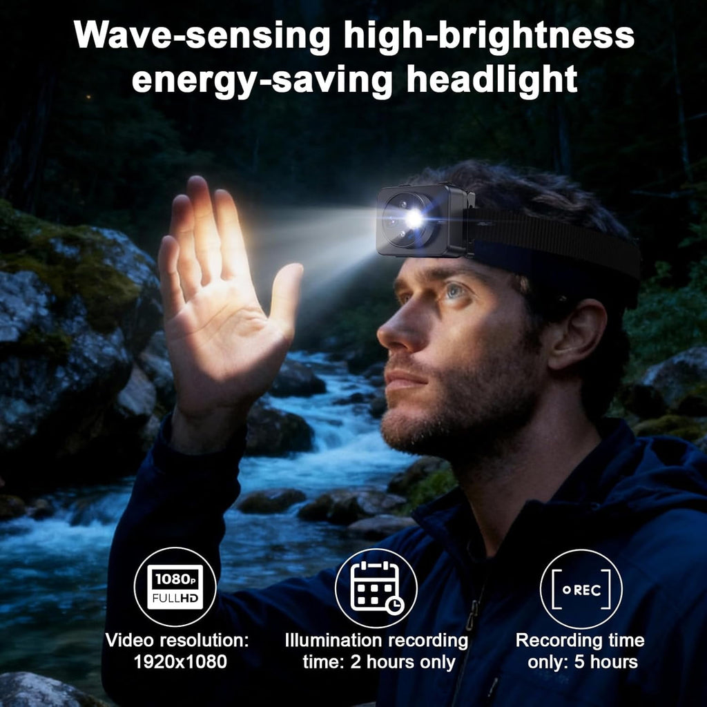 Head-Mounted Camera LED headlamp 1080P HD Body Action Camera Wearable Video Recording Smart Sensing Control Shock-Absorbing Cam Suitable for Nighttime Activities: Electricians Cycling Fishing Hiking