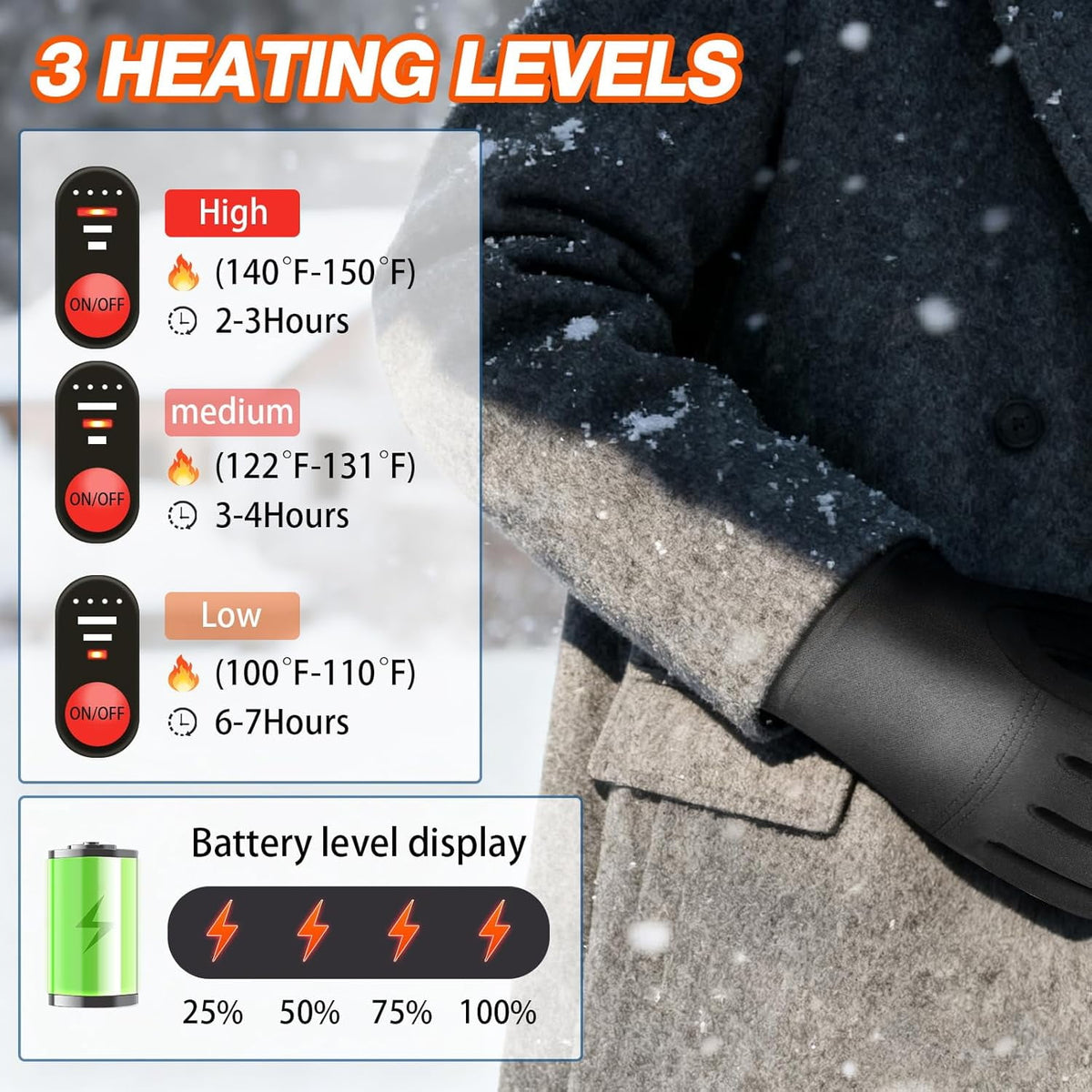 Rechargeable Heated Gloves Winter Sports Gloves 2200mAh 3 Levels Temperature Control 6 H Heating Thin Electric Heated Warm Gloves for Riding Ski Snowboarding Hiking Hunting Thin Gloves Hand Warmer（L）