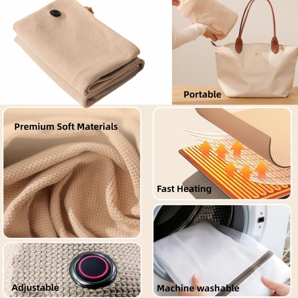 Heated Shawl Wrap Portable Electric Heated Shawl Fast Heating USB Blanket Shawl with 3 Heating Levels Soft Zipper Hooded Blanket Shawls for Women Men Home Outdoor Office Use Gifts (No power bank)