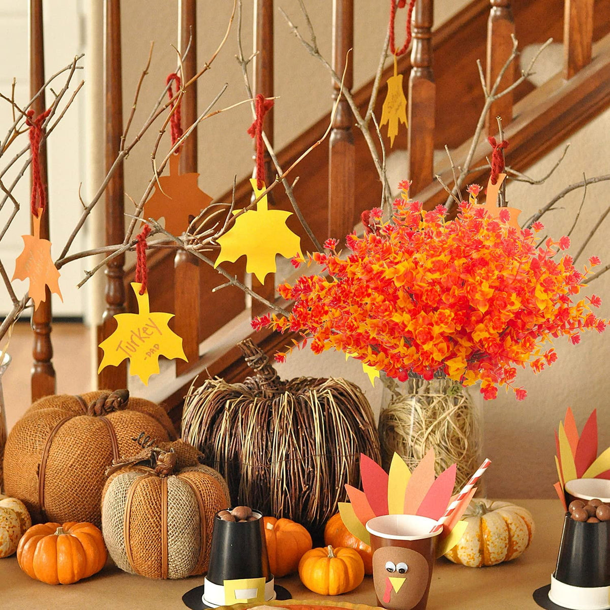 10 Bundles Artificial Fall Flowers Fake Outdoor UV Resistant Plastic Flowers Autumn Artificial Plants for Backyard Window Box Porch Patio Garden Home Christmas Festival Thanksgiving Autumns Decor