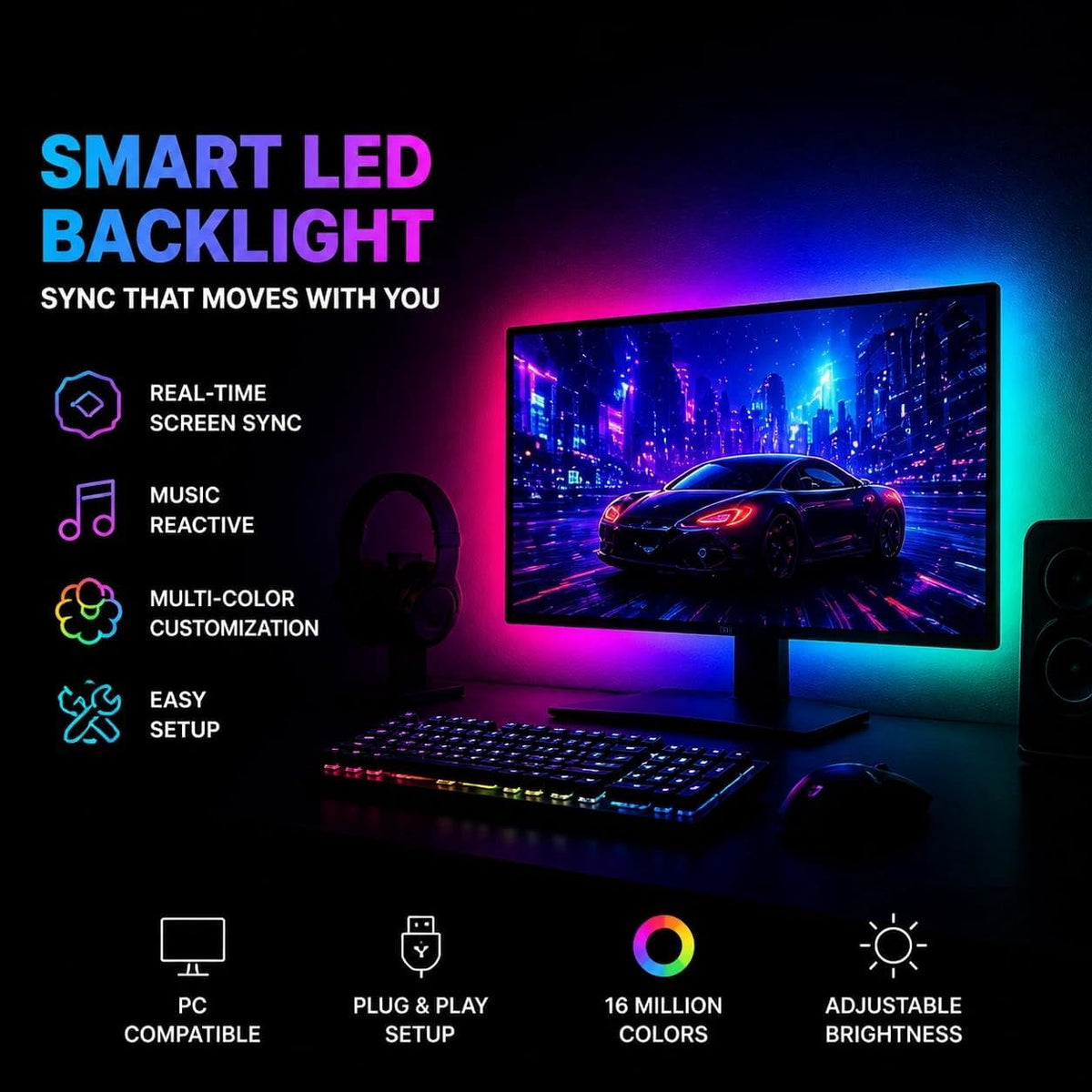 MUSICOZY LED Monitor Backlights for PC & Mac RGB Phantom Strip Lights that Sync with Screen Color or Music Computer Light Bar Behind Monitor LEDs for Desk Gaming USB Port Software Control 27 inch
