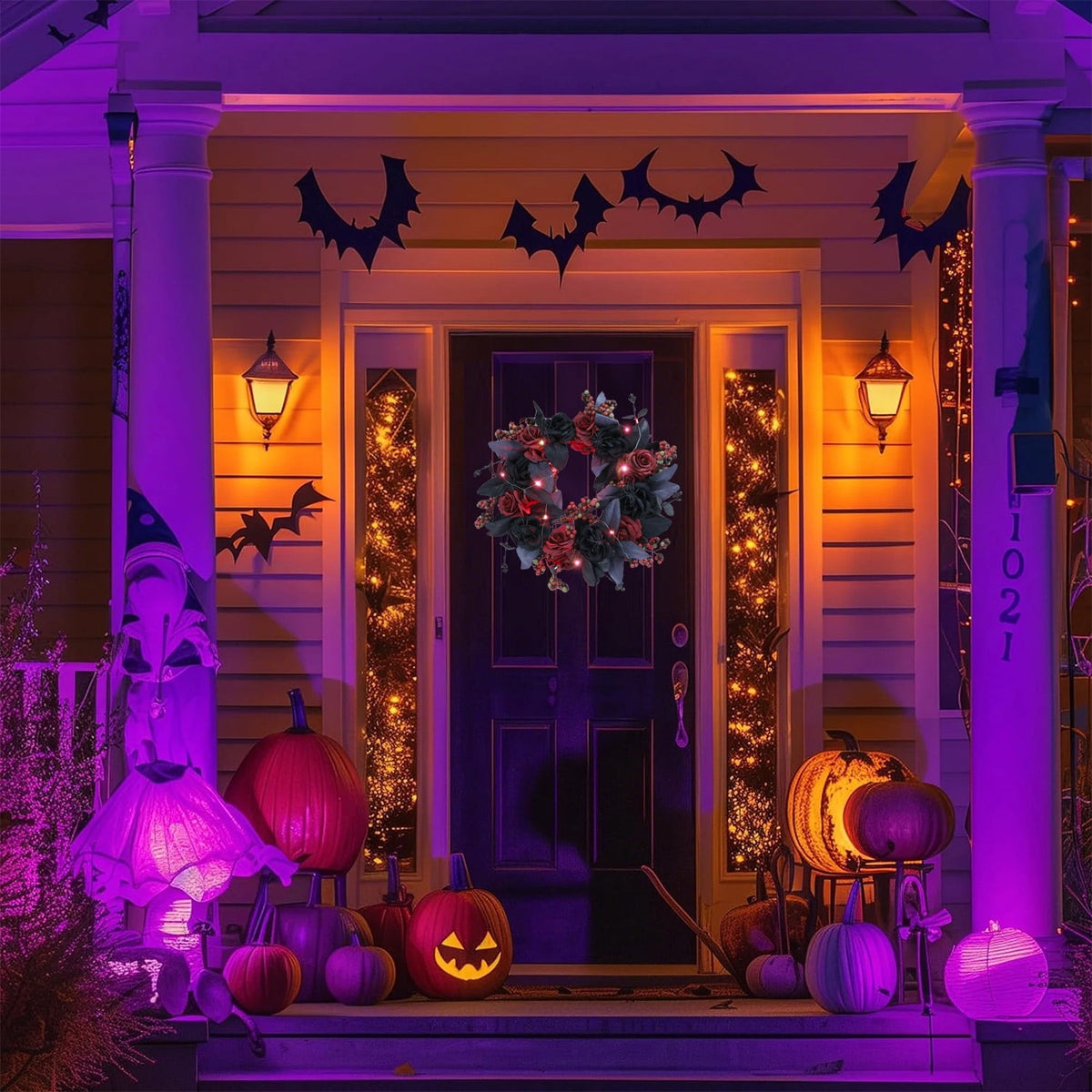 Halloween Decorative Wreath With Lights for Front Door Black Red Rose Wreaths 15 Berries Wreaths Decor with Black Leaves Garland Ornament for Wall Porch Window Indoor Outdoor Halloween Accessories