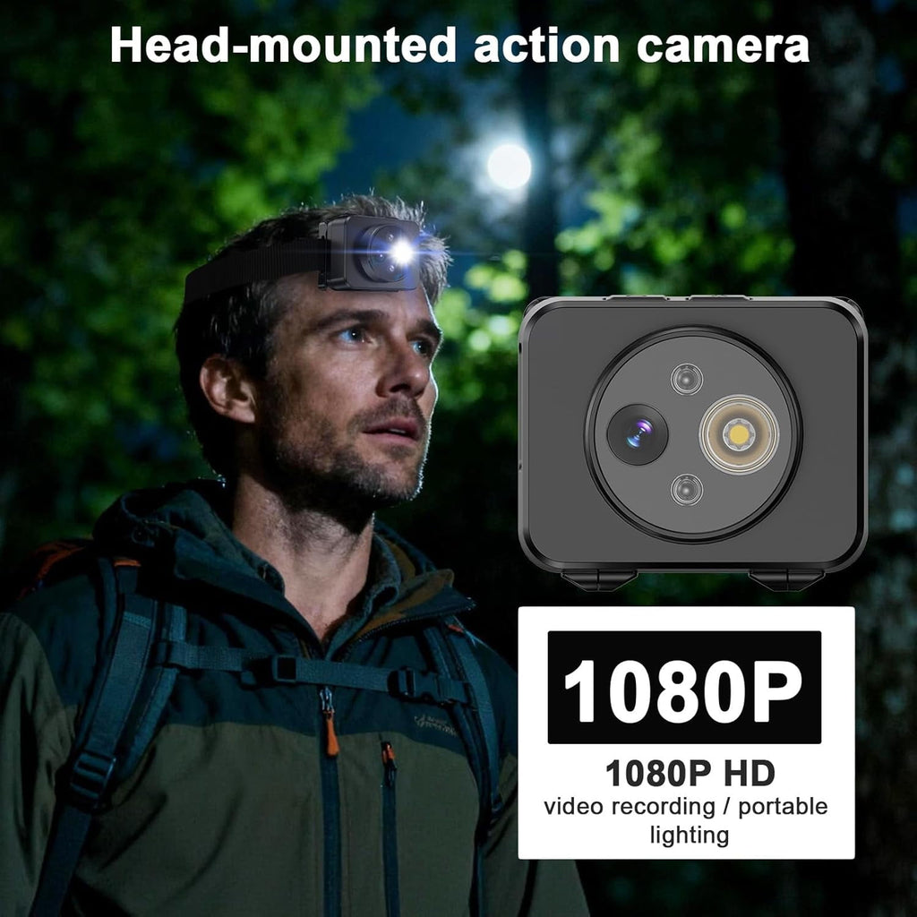 Head-Mounted Camera LED headlamp 1080P HD Body Action Camera Wearable Video Recording Smart Sensing Control Shock-Absorbing Cam Suitable for Nighttime Activities: Electricians Cycling Fishing Hiking