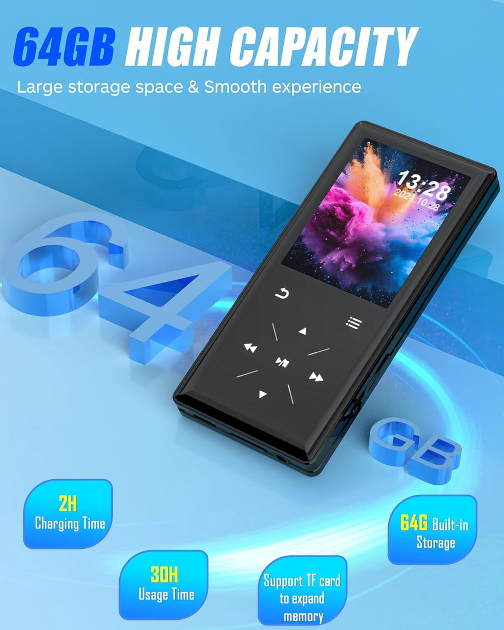 96GB Bluetooth MP3 Player - 2.4 Screen Portable HiFi Mp3 MP4 Player with Built-in Speaker Walkmen Music Player with Voice Recorder FM Radio Touch Buttons Study Player Support up to 256GB SD Card