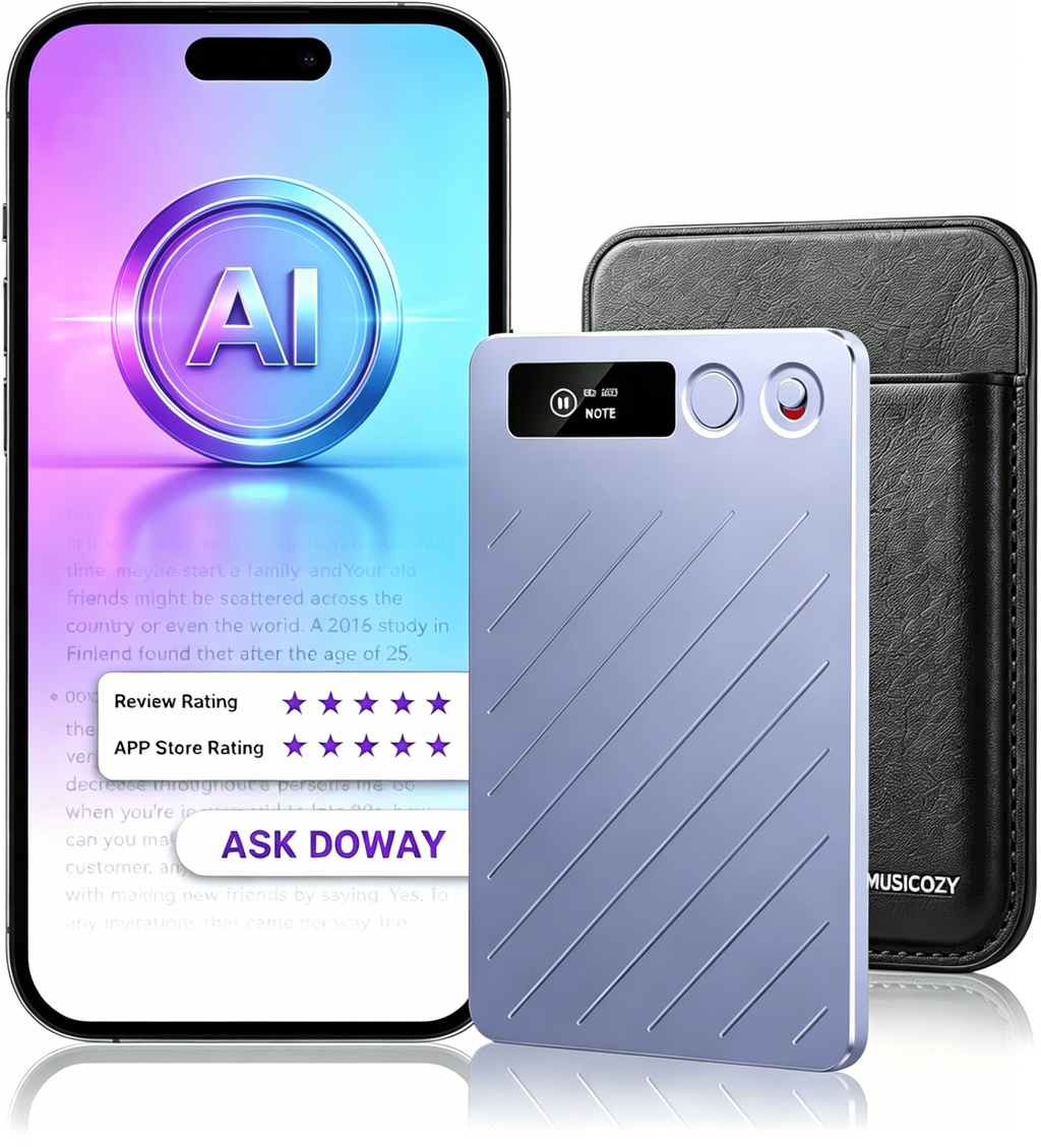 MUSICOZY AI Voice Recorder w/Case AI Note Taker & App Control Real-Time AI Transcription and Summary Noise Cancellation 152 Languages 64GB Digital Audio Recorder for Meetings Lectures & Calls