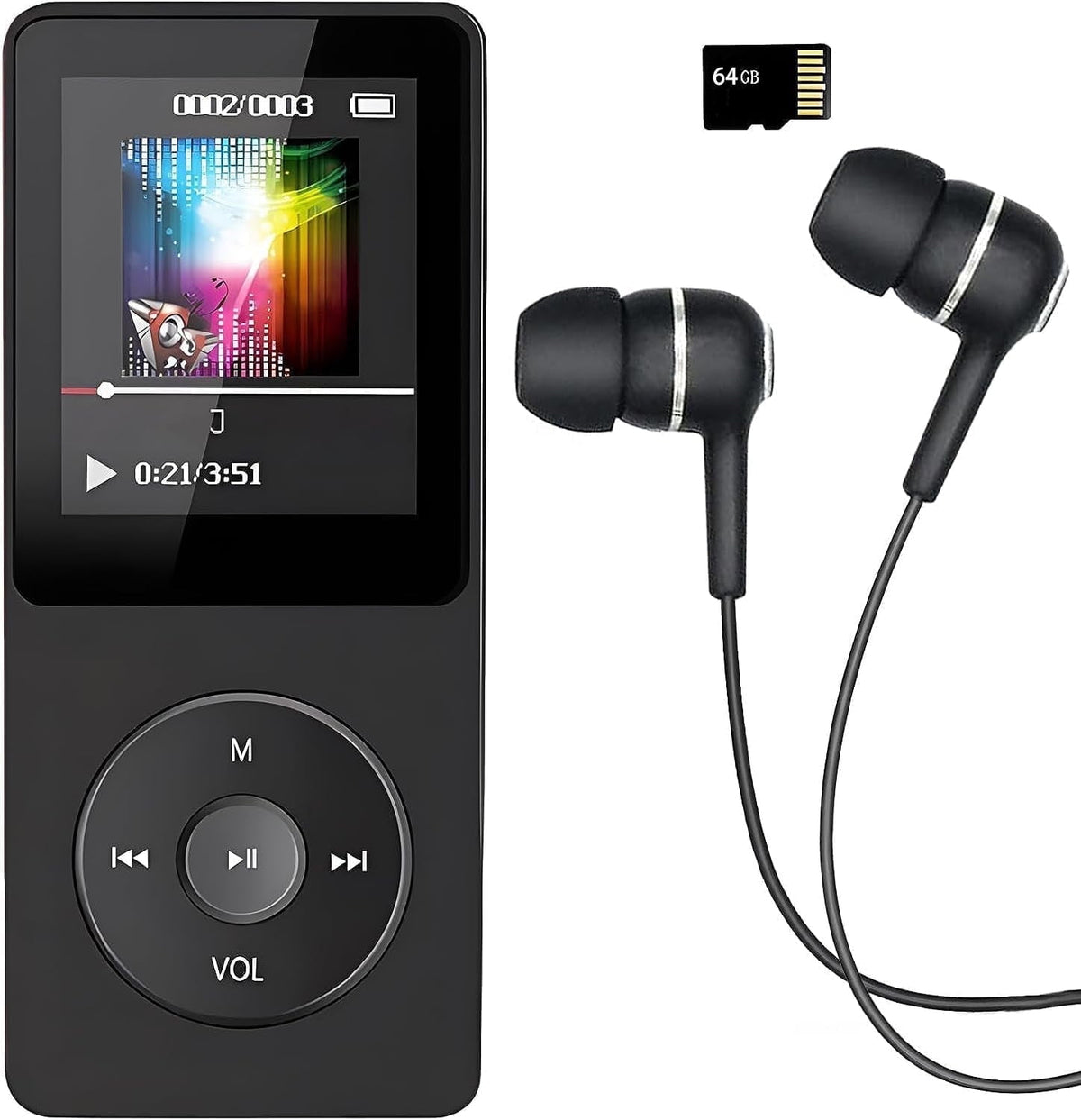 MP3 Player Music Player with 64GB Micro SD Card Earphone Build-in Speaker/Photo/Video Play/FM Radio/Voice Recorder/E-Book Reader Supports up to 128GB for Kids Running Walking