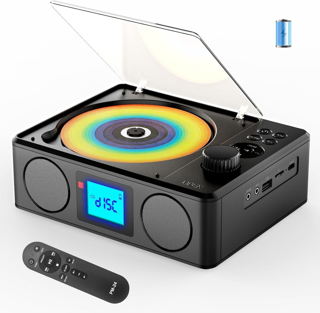 Portable CD Player Bluetooth with Speakers and Remote Rechargeable Desktop CD Radio with Sleep Timer-Retro Portable CD Players for Home/Outdoor - USB/TF/LCD Display/Earphone Jack-Music Lover/Gift