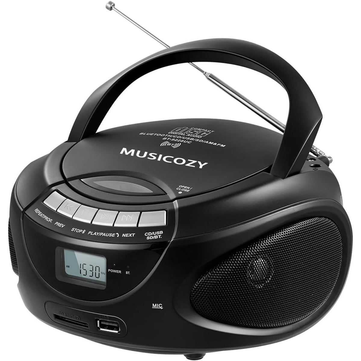 Portable CD Player Boombox with AM/FM Stereo Radio Bluetooth Speaker Players Support CD/USB/SD/BT/AUX Clear and Full Sound with Bass Boost LCD Display Headphone Jack AC/Battery Gift for Elderly