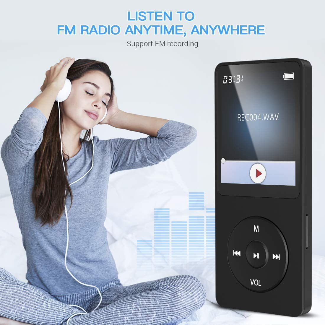 MP3 Player  Music Player with 64GB Micro SD Card  Earphone Build-in Speaker/Photo/Video Play/FM Radio/Voice Recorder/E-Book Reader  Supports up to 128GB for Kids Running Walking