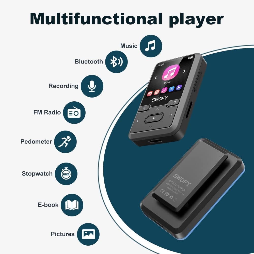 32GB MP3 Player with Bluetooth 5.0  Mini Clip Portable Wearable MP3 Player with FM Radio Recording  Children s Music mp3 Player  Mp3 Mp4 Player with Pedometer  Music Player Support up to 128GB(Black)