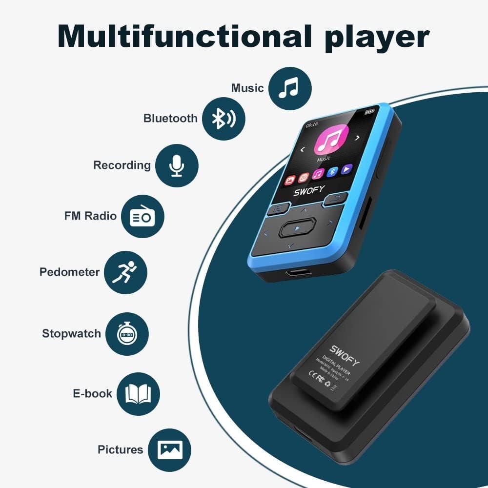 32GB MP3 Player with Bluetooth 5.0  Mini Clip Portable Wearable MP3 Player with FM Radio Recording  Children s Music mp3 Player  Mp3 Mp4 Player with Pedometer  Music Player Support up to 128GB(Blue)
